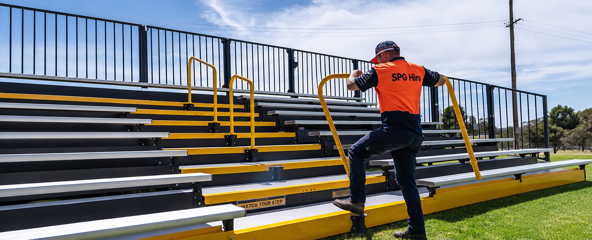 Tow and fold 9-tier portable grandstand deployed at an event
